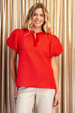 Textured Ruffle Split-Neck Puff Sleeve Blouse- Red