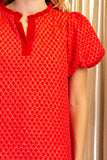 Textured Ruffle Split-Neck Puff Sleeve Blouse- Red