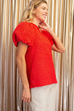 Textured Ruffle Split-Neck Puff Sleeve Blouse- Red
