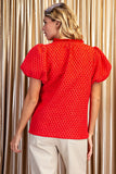 Textured Ruffle Split-Neck Puff Sleeve Blouse- Red