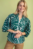 Abstract Leaf Print Ruffle-Cuff Button-Front Blouse- Green