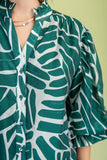 Abstract Leaf Print Ruffle-Cuff Button-Front Blouse- Green