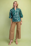 Abstract Leaf Print Ruffle-Cuff Button-Front Blouse- Green