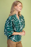 Abstract Leaf Print Ruffle-Cuff Button-Front Blouse- Green