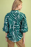 Abstract Leaf Print Ruffle-Cuff Button-Front Blouse- Green