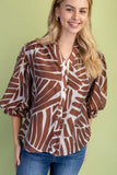 Abstract Leaf Print Ruffle-Cuff Button-Front Blouse- Green