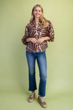 Abstract Leaf Print Ruffle-Cuff Button-Front Blouse- Green