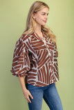Abstract Leaf Print Ruffle-Cuff Button-Front Blouse- Green