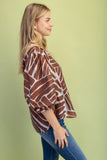 Abstract Leaf Print Ruffle-Cuff Button-Front Blouse- Green