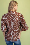 Abstract Leaf Print Ruffle-Cuff Button-Front Blouse- Green