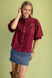 Scalloped Lace Puff Sleeve Button-Up Blouse