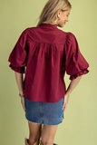Scalloped Lace Puff Sleeve Button-Up Blouse