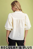 Scalloped Lace Puff Sleeve Button-Up Blouse