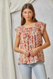 Floral Embroidered Fluttered Cap Sleeve Top - Burnt Orange