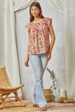 Floral Embroidered Fluttered Cap Sleeve Top - Burnt Orange