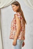 Floral Embroidered Fluttered Cap Sleeve Top - Burnt Orange