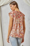 Floral Embroidered Fluttered Cap Sleeve Top - Burnt Orange