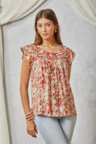 Floral Embroidered Fluttered Cap Sleeve Top - Burnt Orange