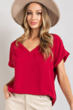 V-Neck Cuffed Short Sleeve Top