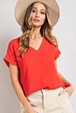 V-Neck Cuffed Short Sleeve Top