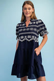 Embroidered Eyelet Tiered Mini Dress - Navy