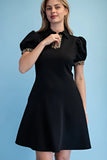 Leopard Trim Collared Zip-Neck Puff Sleeve Mini Dress- Black