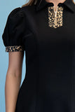 Leopard Trim Collared Zip-Neck Puff Sleeve Mini Dress- Black