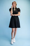 Leopard Trim Collared Zip-Neck Puff Sleeve Mini Dress- Black