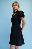 Leopard Trim Collared Zip-Neck Puff Sleeve Mini Dress- Black