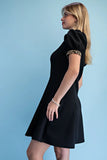 Leopard Trim Collared Zip-Neck Puff Sleeve Mini Dress- Black