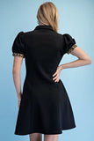Leopard Trim Collared Zip-Neck Puff Sleeve Mini Dress- Black