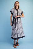 Damask Print Contrast Trim Belted Button-Front Midi Dress