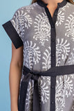 Damask Print Contrast Trim Belted Button-Front Midi Dress