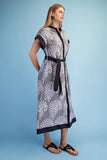 Damask Print Contrast Trim Belted Button-Front Midi Dress