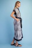 Damask Print Contrast Trim Belted Button-Front Midi Dress