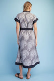 Damask Print Contrast Trim Belted Button-Front Midi Dress