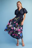Midnight Garden Floral Tie-Front Midi Dress- Navy