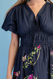 Midnight Garden Floral Tie-Front Midi Dress- Navy