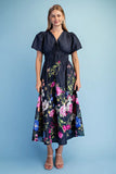 Midnight Garden Floral Tie-Front Midi Dress- Navy