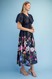 Midnight Garden Floral Tie-Front Midi Dress- Navy