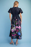 Midnight Garden Floral Tie-Front Midi Dress- Navy