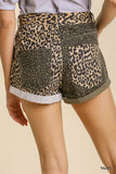 Colorblock Leopard Print Cuff Shorts - Brown/Olive