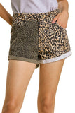 Colorblock Leopard Print Cuff Shorts - Brown/Olive