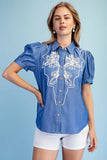 Floral Cord Embroidered Puff Sleeve Button-Front Blouse- Dark Denim