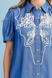 Floral Cord Embroidered Puff Sleeve Button-Front Blouse- Dark Denim