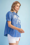 Floral Cord Embroidered Puff Sleeve Button-Front Blouse- Dark Denim