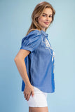 Floral Cord Embroidered Puff Sleeve Button-Front Blouse- Dark Denim