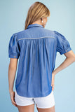 Floral Cord Embroidered Puff Sleeve Button-Front Blouse- Dark Denim