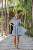 Floral Embroidered Belted Mini Shirt Dress- Lt Blue