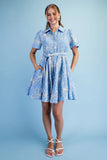 Floral Embroidered Belted Mini Shirt Dress- Lt Blue